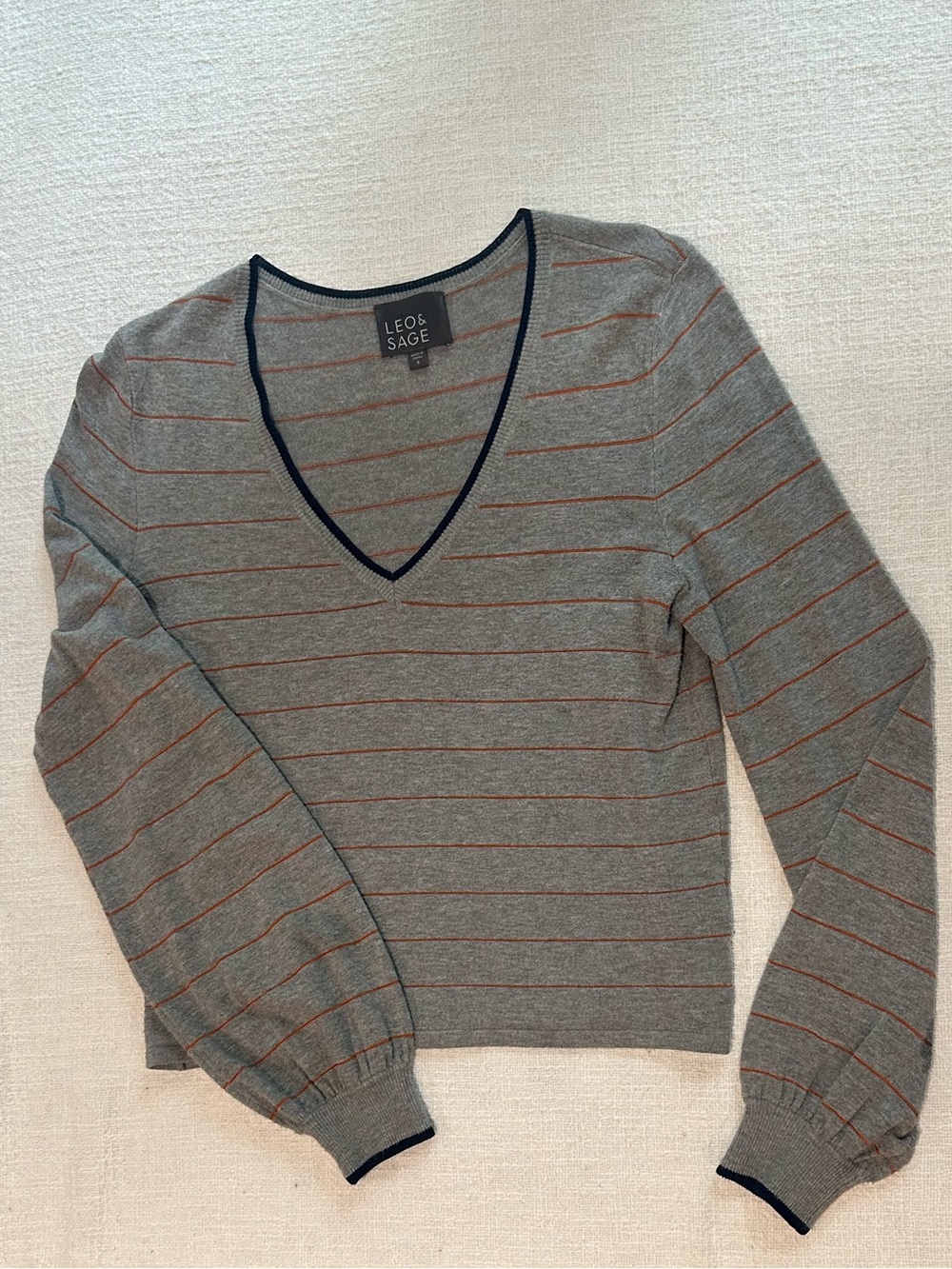 Leo & Sage Gray V-Neck Stripe Sweater with Orange Accents
